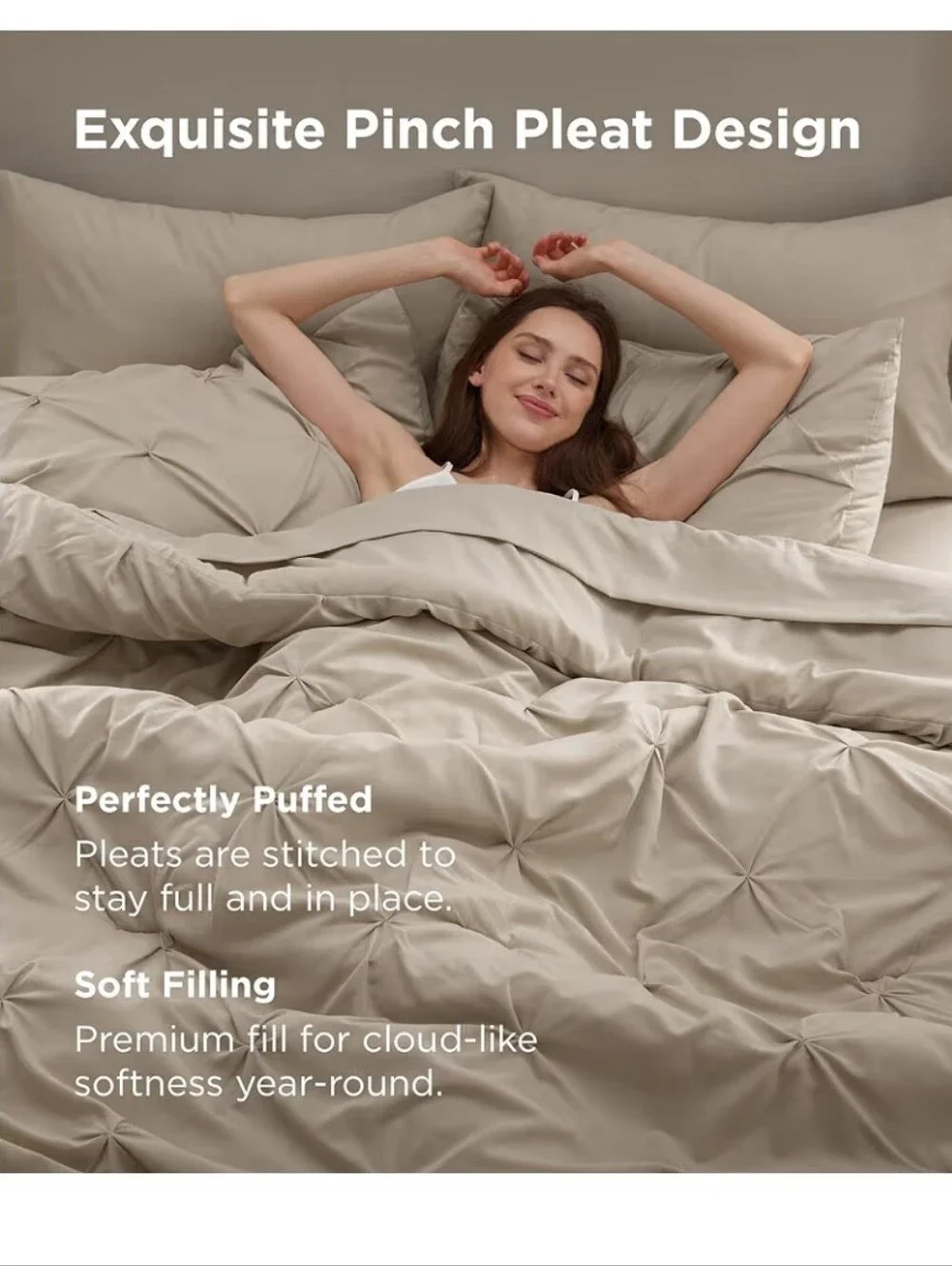 Bedsure Full Comforter 7 Piece Set. Bed in a Bag Gentlesoft Pintuck - Beige
